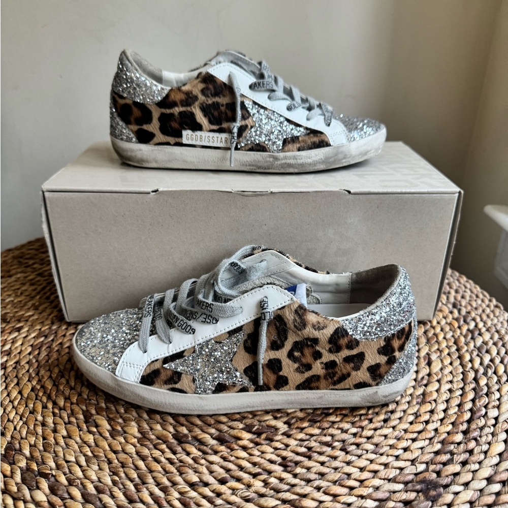Golden Goose Silver Glitter & Leopard Print Superstar Sneakers